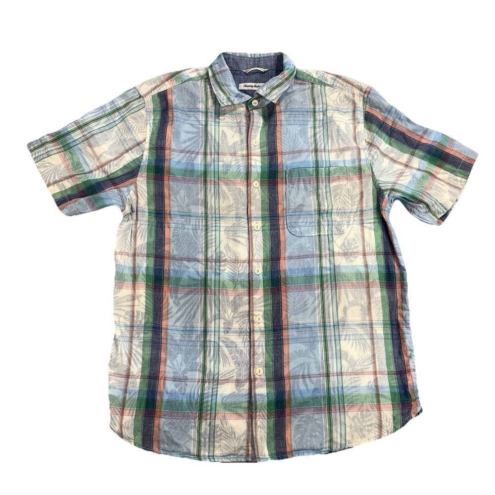 Tommy Bahama Short Sleeve Shirt Plaid Palm Print 100% Cotton Casual Mens